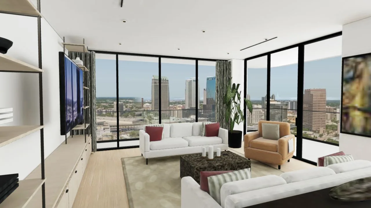 The actual modeled living room overlooking Tampa