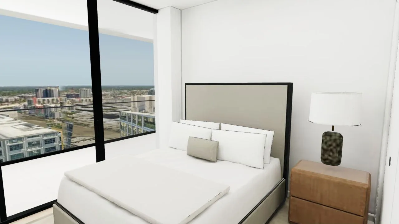 Bedroom and windows in the 3D model