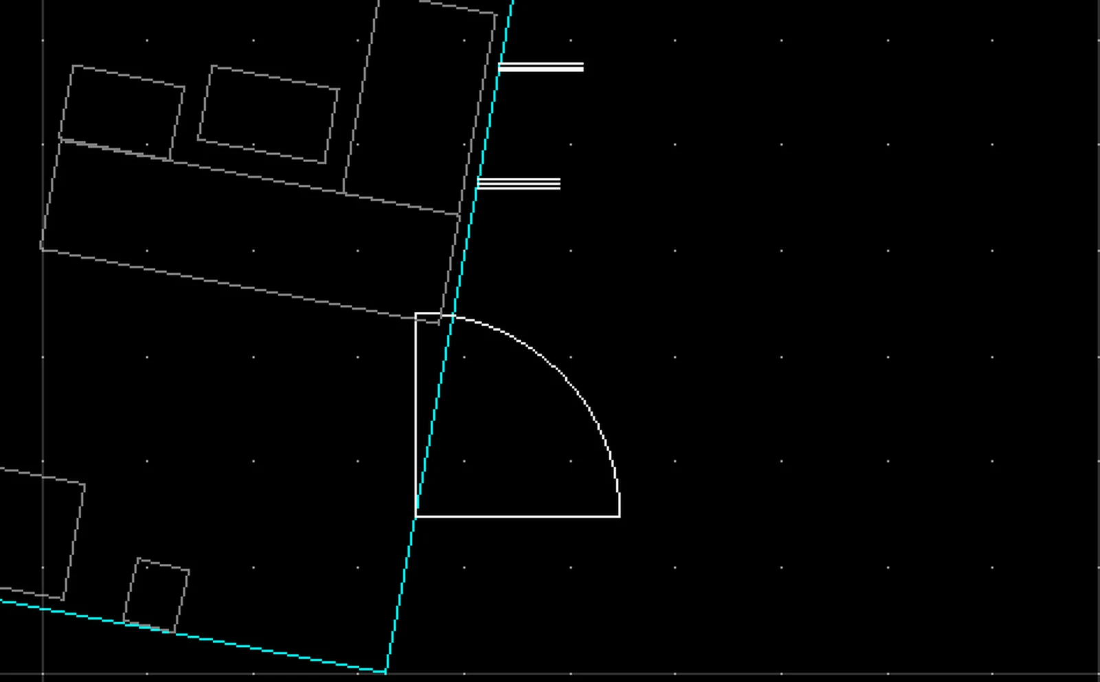 Vector detail of a door swing, glazing symbols, and wall lines in CAD