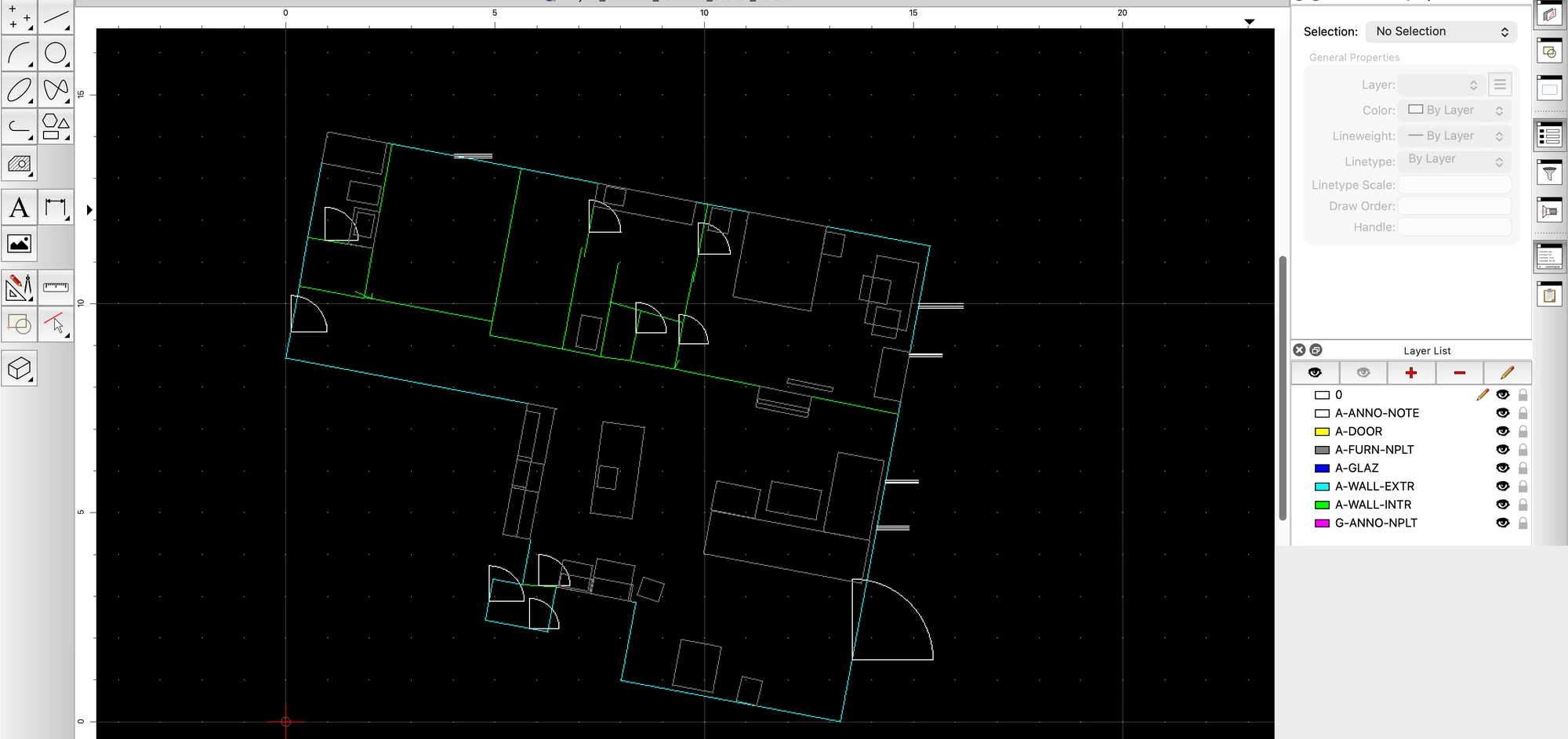 Exported DXF open in desktop CAD software with AIA-convention layer list visible