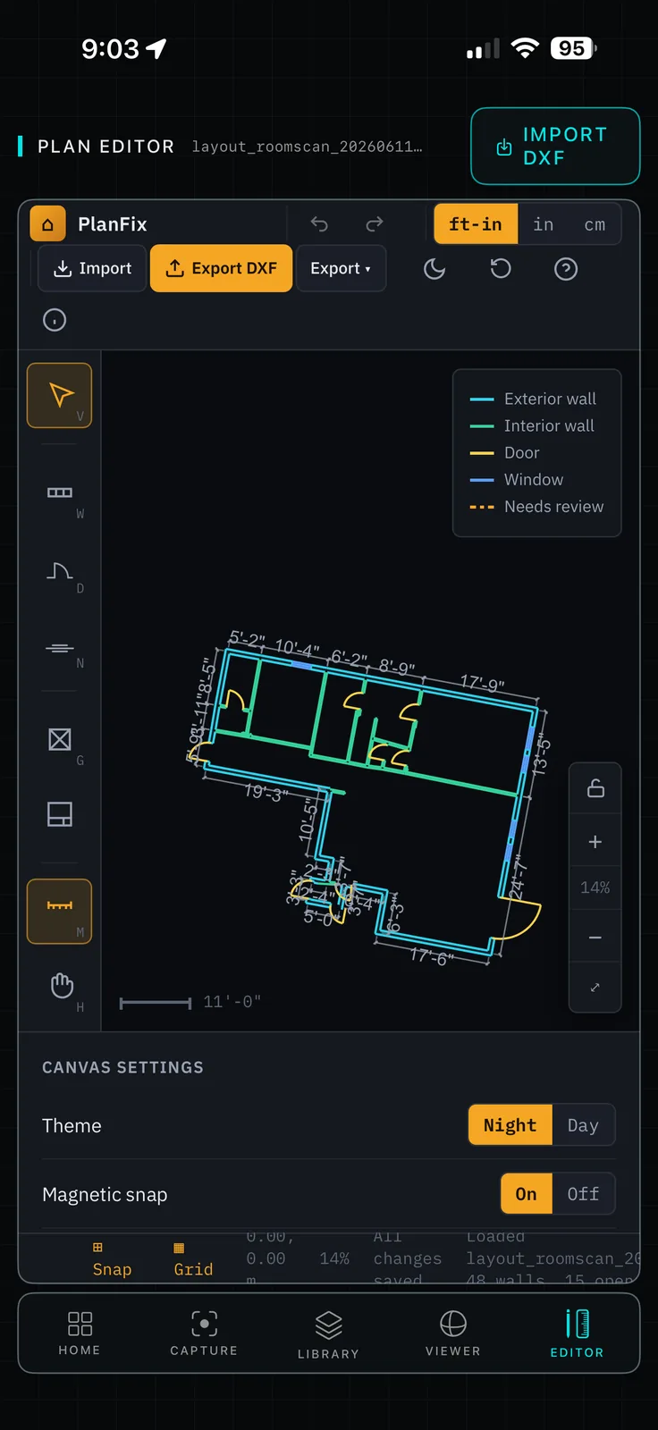 On-device plan editor with editable dimensions and DXF export