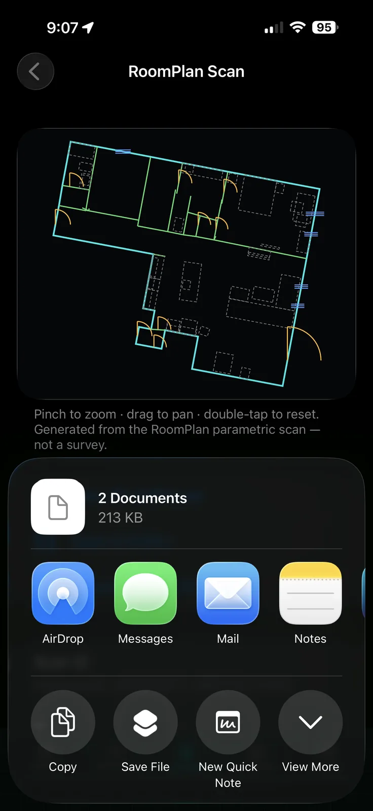 Share sheet exporting a complete multi-room plan at 213 KB